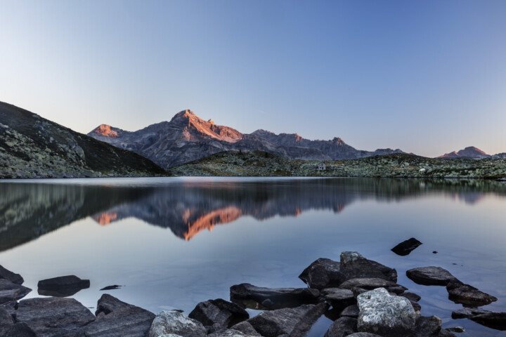 Alp, Alpen, Alps, Berg, Berge, Bergmassiv, Bergsee, Graubünden, Morgen, Ostschweiz, Schweiz, See, Sommer, Suisse, Switzerland, lake, summer