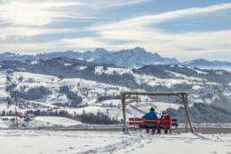 Appenzell Ausserrohden, Appenzeller Vorderland, Aussicht, Aussichtsbank, Bank, Berge, Frost, Rehetobel, Winter