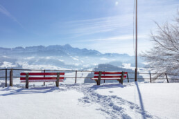 Appenzell Ausserrohden, Aussicht, Aussichtsbank, Bank, Berge, Frost, Waldstatt, Winter