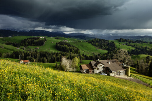 Alpen, Alps, Appenzell Ausserrohden, Appenzellerhaus, Bauerhaus, Bauernhof, Blumenwiese, Clouds, Frühling, Haus, Ortsbild, Schweiz, Schwellbrunn, Spring, Suisse, Switzerland, Wiese, Wolken