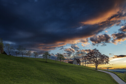 Abend, Appenzell, Appenzell Ausserrohden, Appenzellerhaus, Baum, Bäume, Clouds, Feuerhimmel, Frühling, Haus, Lichtsimmung, Ostschweiz, Schweiz, Speicher, Spring, Suisse, Switzerland, Tree, Trees, Wald, Wetter, Wolken, dramatische Licht